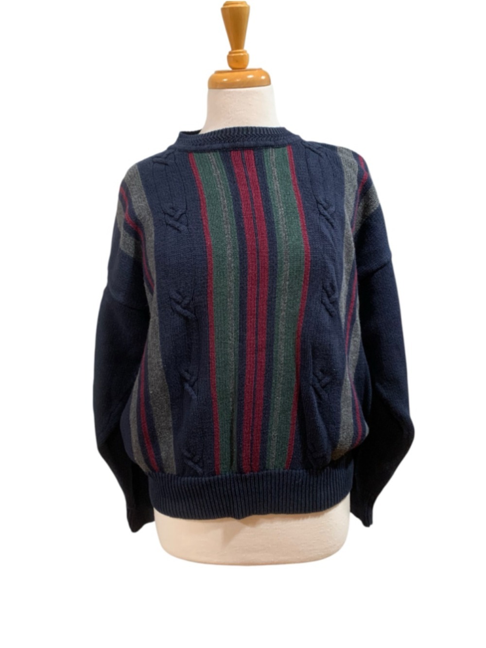 Vtg Men’s Woods & Gray Striped Crew Neck Sweater, Size L, Blue Multi-color
